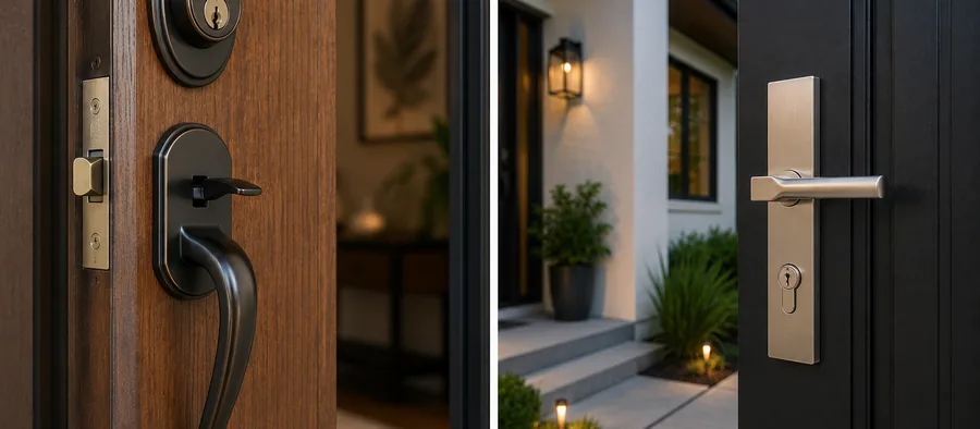 Close-up of front door locks and lever handles on two entrance doors